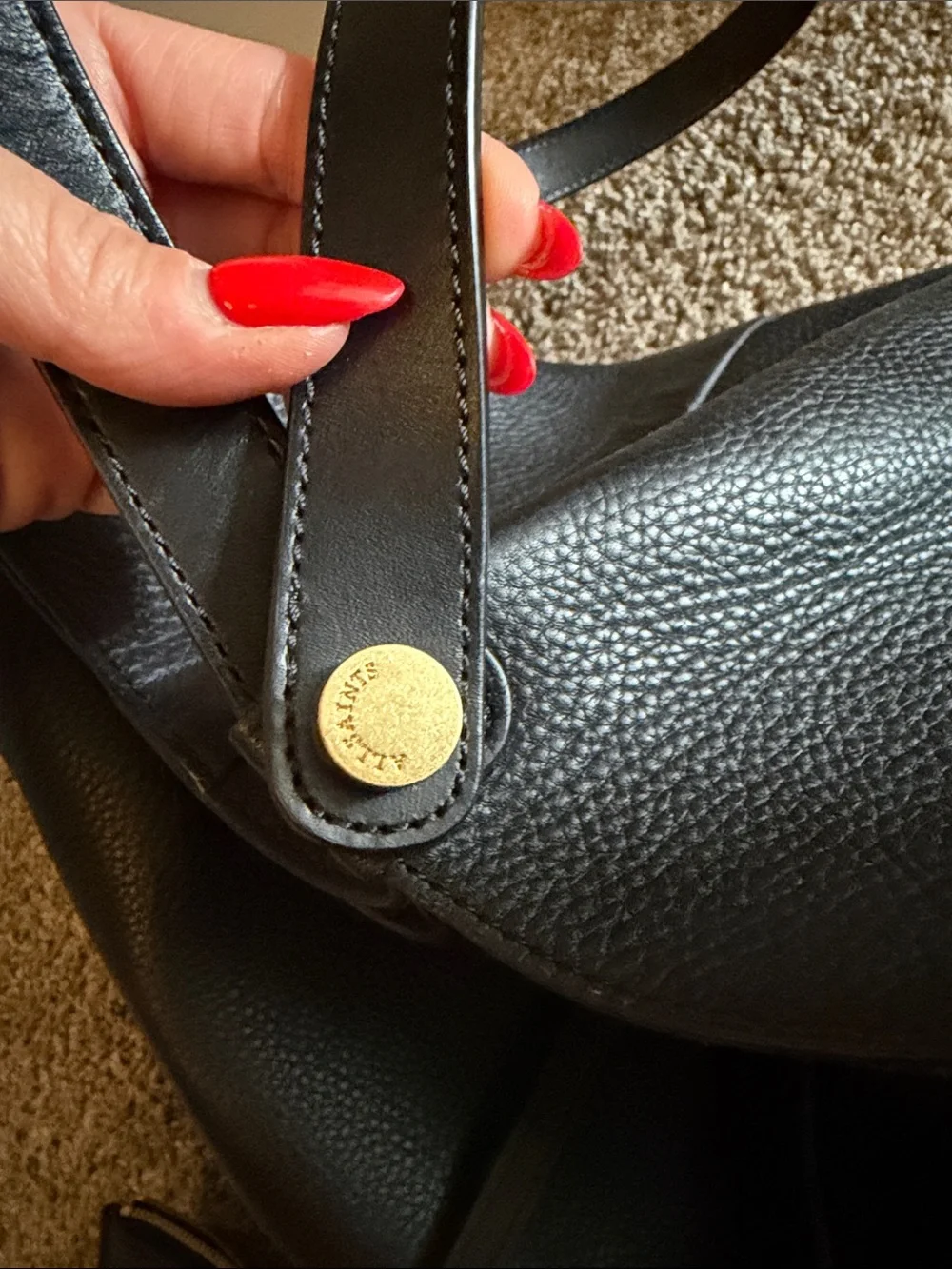 All Saints Black Leather Tote Bag with Gold Accents